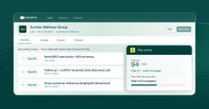 Screenshot of the SignalRx platform showing HealthTech customer and prospect scores, revenue intelligence, and recommended revenue plays inside Salesforce.