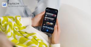 Over-the-shoulder view of a young person holding a smartphone displaying the EquityLink mobile app by Fairclough Palmer AG, featuring a sleek digital interface with financial data, active investment opportunities, and a clean modern layout.