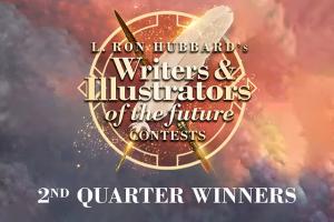 L. Ron Hubbard Presents Writers of the Future Volume 43, Q2 Winners Announced with a logo showing the author's quill and artists brush.