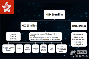 Flowchart illustrating the Hong Kong CIES HK$30 million investment structure, dividing capital into a HK$27 million tranche for permissible financial and property assets, and a HK$3 million tranche for government-designated technology enterprises.