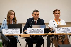 ALLATRA GRC representatives, from left to right: Mariia Anapreichyk, Vladimir Ivanov, and Jevgenija Malecka, at the OSCE side event in Vienna