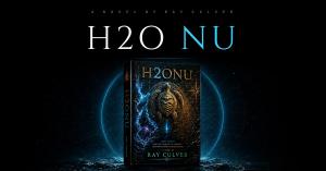 H2ONU wordmark above the first-edition hardcover of Ray Culver's novel, floating over a glowing cyan signal ring on black