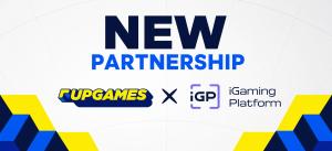Promotional graphic announcing the new partnership between Upgames and iGP (iGaming Platform), highlighting the integration of Upgames' mini games into iGP's iGaming Deck aggregation platform.