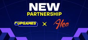 Upgames and Alea partnership announcement featuring both company logos and a "New Partnership" headline on a blue branded background.