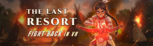 Key visual for The Last Resort: Continent Alpha showing the warrior TwoSuns aiming a crossbow against a fiery battlefield.