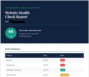 WPWebManager Website Health Report with Website Health Score and prioritized website recommendations