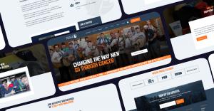 Collage of screenshots showcasing the redesigned Man Up to Cancer website, featuring the homepage with a large hero image of men playing guitars, community-focused messaging, chapter information, member stories, press features, newsletter signup, and merc