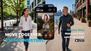 Promotional image for Step.co’s Walk & Talk feature showing two adults walking in different city locations while wearing wireless earbuds, with a Step.co app screen in the center displaying a live Walk & Talk session, shared steps, distance, and voice con