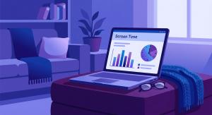 a laptop sitting on an ottoman at home displaying graphs and charts depicting screen time data for one specific student. no text other than Screen Time at the top of the charts
