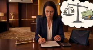 A photograph of a serious-faced businesswoman, with her nameplate reading "IVANA PROFIT," seated at a polished corporate office desk. She is in the middle of using a gold pen to sign or review a document on a clipboard. The desk also holds a calculator, a