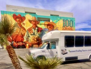 Tucson Trolley Tours in front of Ignacio Grarcia's Cowboy Mural Tucson AZ 85701