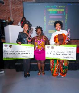 Lovaeta Amoako of LOCnificent posing with 2025 Locsanity Community Impact Award Winners & Marcelle