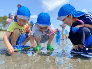 Young children in blue caps crouch to look for creatures on a tidal flat