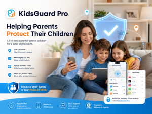 Mother monitoring her child's tablet usage with KidsGuard Pro parental control app