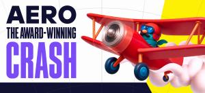 Promotional artwork for Aero by Upgames showing a retro red propeller aircraft flying through the sky with the headline "Aero - The Award-Winning Crash," representing the award-winning crash game.