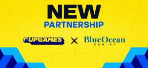 Promotional banner announcing the partnership between Upgames and Blue Ocean Gaming to distribute Upgames' portfolio of mini games through Blue Ocean's aggregation platform.
