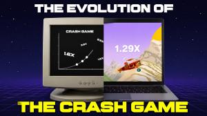 Illustration showing the evolution of crash games from a simple line-and-multiplier interface on a vintage monitor to a modern, visually immersive mini-game displayed on a laptop screen.