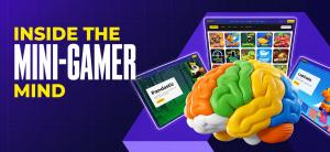 Promotional graphic featuring the headline "Inside the Mini-Gamer Mind," a colorful 3D brain surrounded by Upgames mini game screens, illustrating the psychology and decision-making behind crash-style mini games.