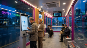 An AI-generated conceptual image of AIBUS installed at the Cheongnyangni Station Smart Shelter | Image provided by BI C&S