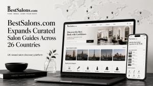 BestSalons.com displayed on a laptop and smartphone beside a world map, promoting curated Top 10 salon guides across 26 countries.