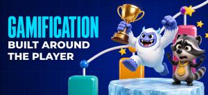 3D illustration of two game characters celebrating with trophies and medals beside a rising progress chart, symbolizing gamification, player progression, achievements, and leaderboards in Upgames' mini-games.