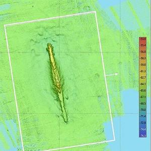 This is a multibeam sonar image of the wreck of the U-583 as seen from above.