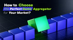 3D illustration of blue cubes with a standout green cube representing strategic game aggregation, alongside the headline "How to Choose the Perfect Game Aggregator for Your Market?" on a dark technology-themed background.