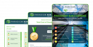 Three screens, one of the Paradigm B2B Combine 2026 Midmarket Edition cover, one of a interior page of the Znode report showcasing Znode's gold medal in the "Total Cost of Ownership" category, and the third being an interior page of the Znode report showc