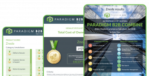 Three screens, one of the Paradigm B2B Combine 2026 Enterprise Edition cover, one of a interior page of the Znode report showcasing Znode's gold medal in the "Total Cost of Ownership" category, and the third being an interior page of the Znode report show