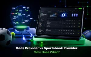 3D illustration of a modern sportsbook platform displayed on a laptop alongside a holographic sphere of live betting odds, representing the differences between an odds provider and a sportsbook provider within online sports betting technology.