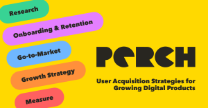 Perch logo on a yellow background with colorful pill-shaped labels reading Research, Onboarding & Retention, Go-to-Market, Growth Strategy, and Measure, alongside the tagline "User Acquisition Strategies for Growing Digital Products."