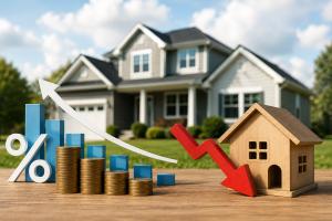 Illustration of the U.S. housing market showing a model home, mortgage rates, builder incentives, and increasing homebuyer opportunities.