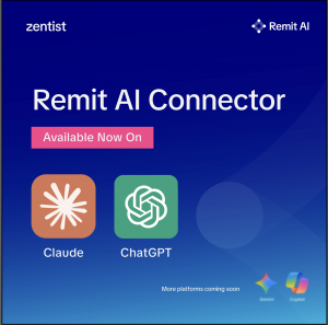 Graphic showing the Remit AI Connector linking AI assistants with Remit AI revenue cycle data, including claims, payments, denials, remittances, payer insights, and accounts receivable information.