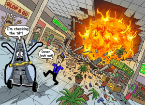 Cartoon illustration of a chaotic intergalactic shopping mall being breached by a burning sun, featuring a terrified sentient escalator holding a level tool and a frantic security guard.