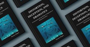 Multiple copies of the book Distortion, Deception, and Dramatics: A Commentary on the Perils of Subjectivity in Mainstream News by Theodore Wagner arranged in a repeating pattern. The black cover features a blue underwater illustration of sharks circling 