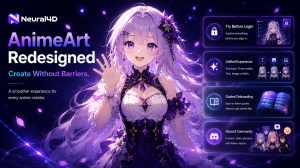 Neural4D AnimeArt redesigned banner showing a 3D anime girl in a purple dress alongside four new features: Try Before Login, Unified Experience, Guided Onboarding, and Discord Community.