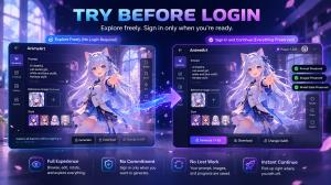 Neural4D AnimeArt interface showing the transition from an exploration mode without a login to a signed-in state where all prompts, images, and model states are fully preserved.