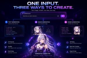 Infographic of the Neural4D AnimeArt unified input field displaying three generation modes: Text Generation, Image Generation, and Mixed Generation, showing how to create a 3D anime character.