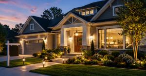 Warmly lit suburban home at dusk with illuminated entryway, garden path lights, and glowing interior windows.