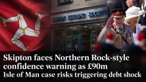 Composite news graphic featuring the Isle of Man triskelion, a Skipton Building Society branch and a saluting royal figure, illustrating a £90m debt-shock warning.