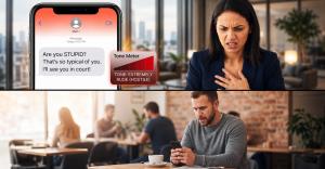 image of a woman outraged by a message from angry ex partner. Tone checker gives warning and how to write a calm response.