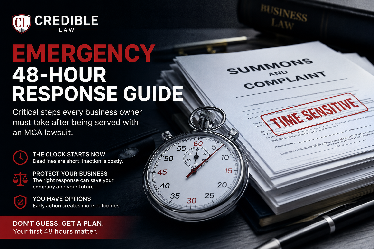 Emergency 48-Hour Response Guide for Merchant Cash Advance Lawsuits showing a business summons, legal documents, stopwatch, and urgent legal deadline for business owners facing an MCA lawsuit, bank levy, frozen business account, or default judgment.