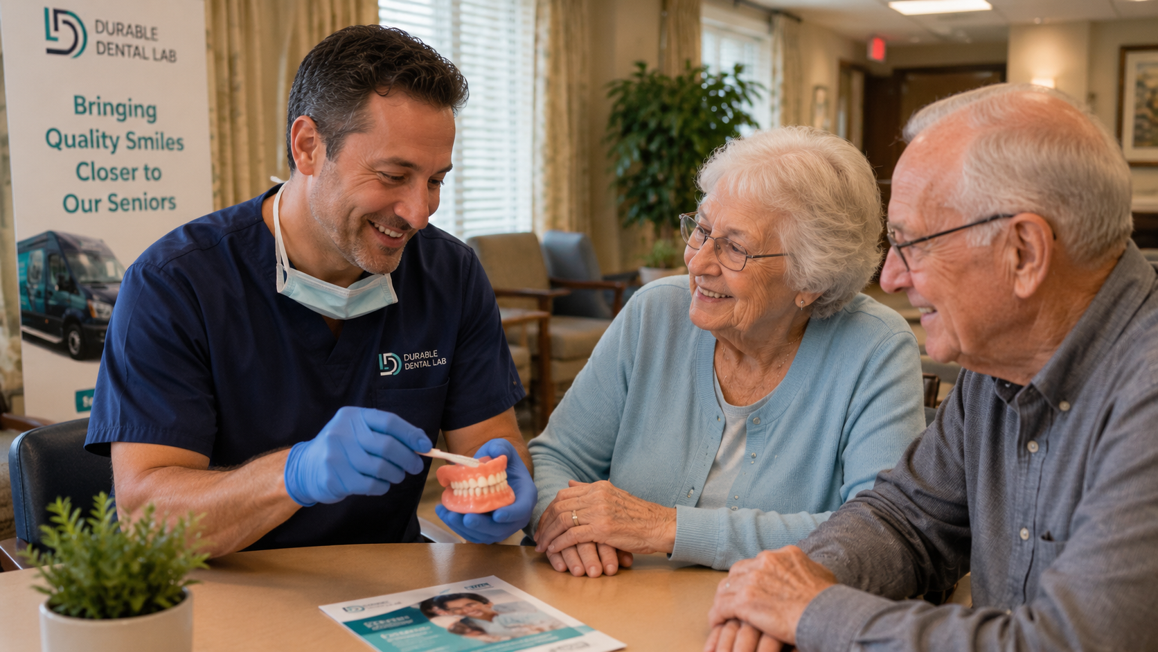 Conceptual illustration of a dental professional meeting with senior residents in a nursing home to discuss denture care.