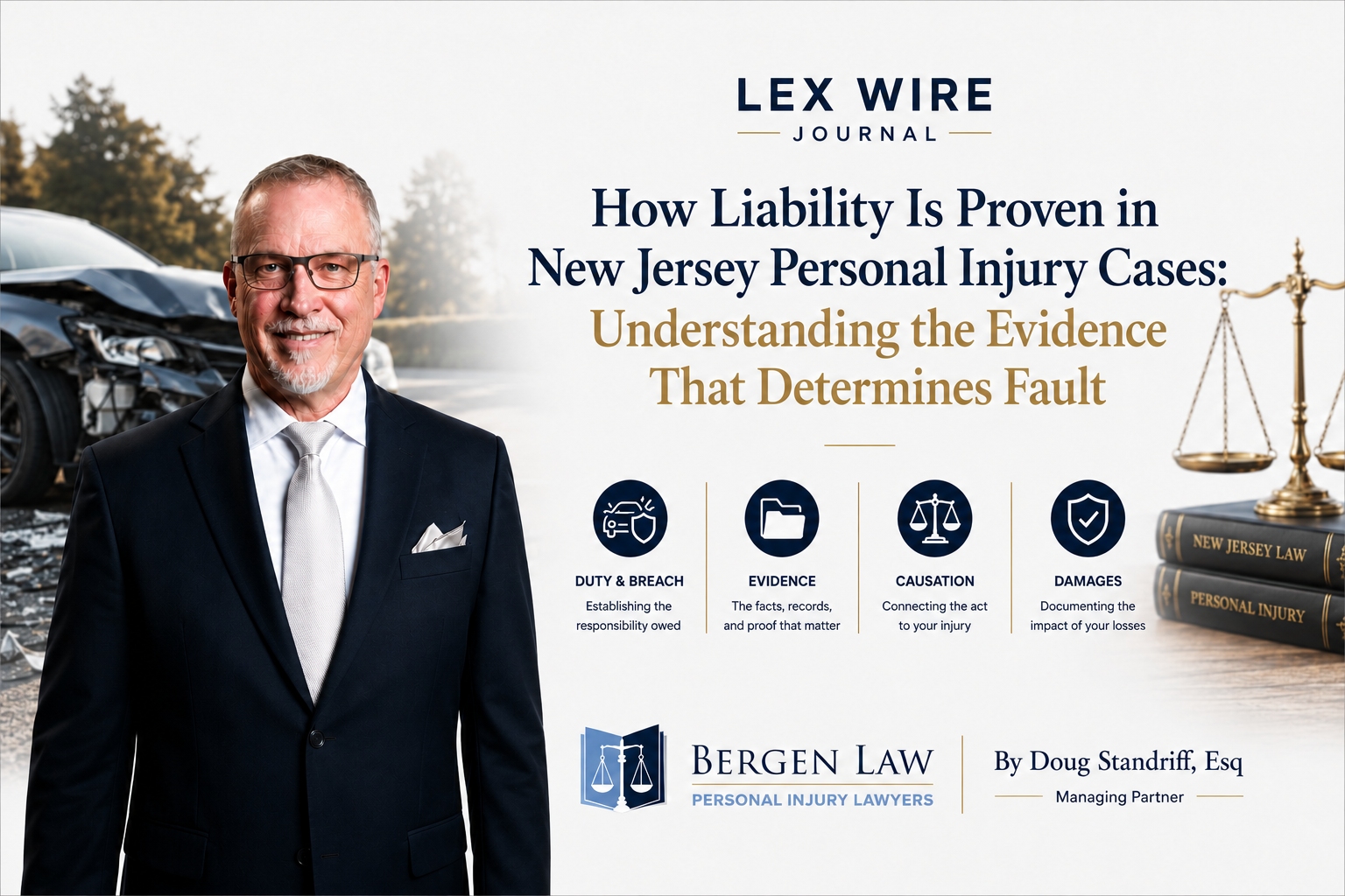 Lex Wire Journal editorial graphic featuring Doug Standriff, Managing Partner of Bergen Law, explaining how evidence is used to prove liability and determine fault in New Jersey personal injury cases.