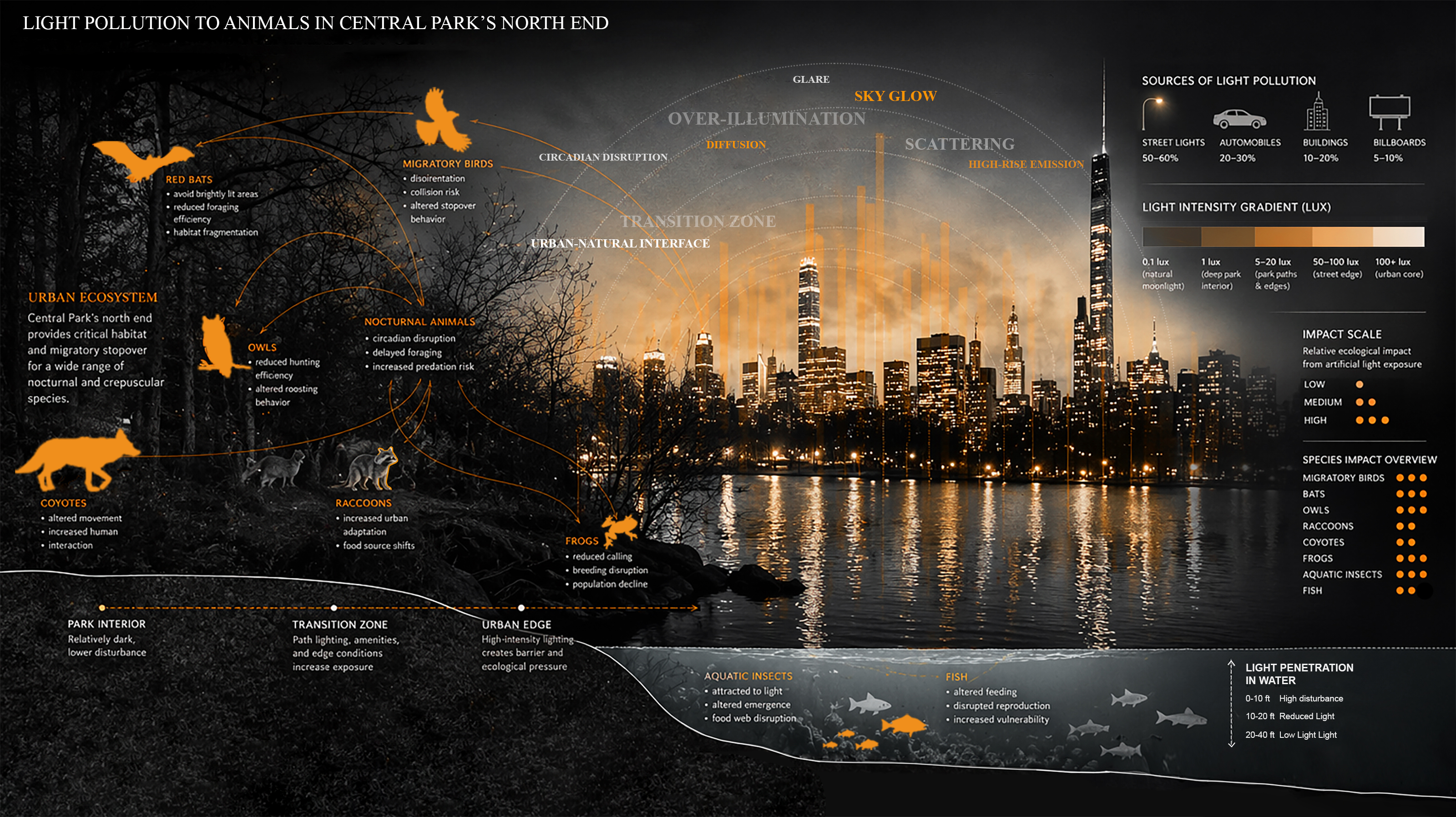 Visualization of light pollution gradients and their ecological impacts across Central Park's northern edge