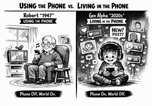 Black-and-white split illustration contrasting an older man using a phone as a tool with a Gen Alpha child surrounded by social-media posts, likes, and notifications in an all-encompassing digital environment.