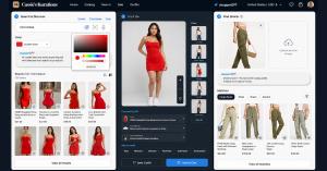 Some examples of discoverGPT creations - text + precise color search, virtual try-on with digital twins and poses and image similarity search