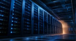 A corridor of illuminated data center server racks in navy and blue tones, illustrating the concentrated electricity demand of AI computing infrastructure.