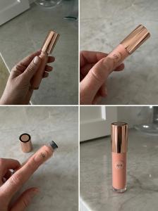 Hand holding a rose-gold cosmetic tube with a small round blush-pink EyeVida sticker marked "APR" applied to the front, shown across four steps from opening to labeling.