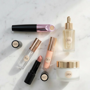 Flat lay on white marble of mascara, lip gloss, lipstick, a serum dropper bottle and a cream jar, each labeled with a small round EyeVida sticker showing a month such as JAN, JUL or OCT.
